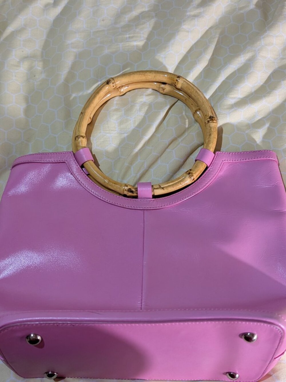 Vintage Talbots Pink Leather Tote Bag with Bamboo Handles & Floral Lining